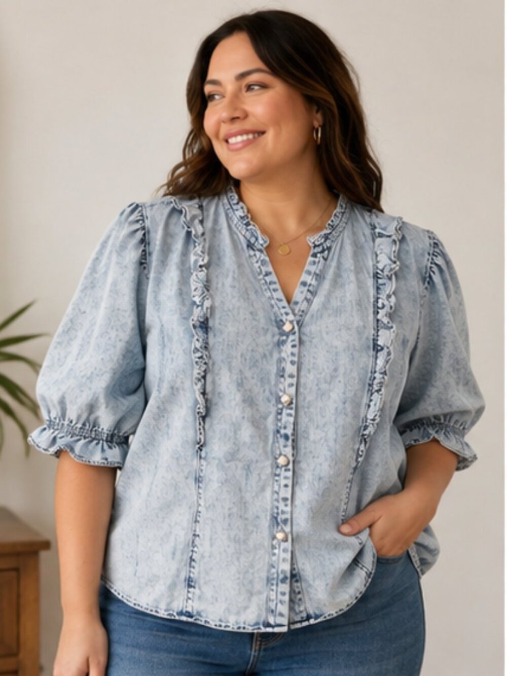 SSYS The Label Denim Ruffle Pearl Button Blouse Western Top XL